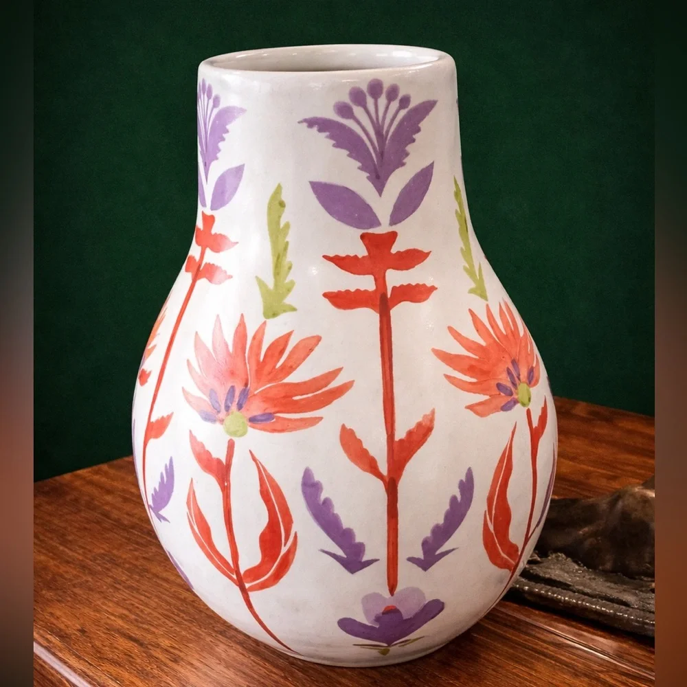 ANTHROPOLOGIE Handpainted Stoneware Large Floral/Flower Vase